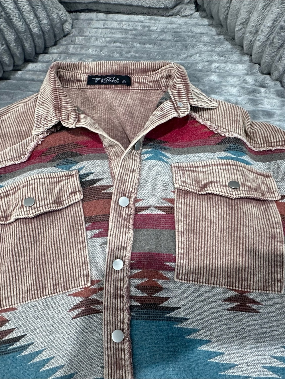 Lucky & Blessed women’s Corduroy Aztec Shirt Jacket - Tan/Multi